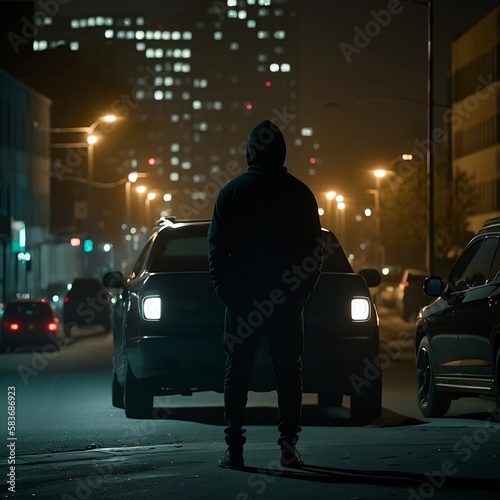 Hooded Man Standing in the Middle of a City Street at Night Generative AI © Adam