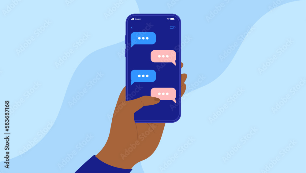 Phone texting - Hand holding mobile phone with text messages on screen. Flat design vector illustration with blue background Phone texting - Hand holding mobile phone with text messages on screen. Flat design vector illustration with blue background