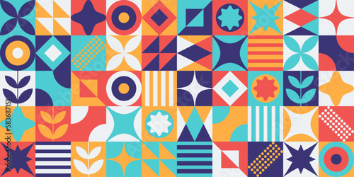 Modern minimalist mid century colorful neo geometric bauhaus style memphis seamless pattern neo geo editable abstract vector illustration. Made with simple geometric shapes, contemporary, 70s, vintage