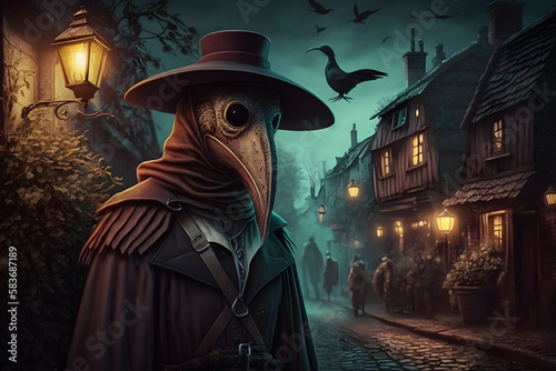 Medieval plague doctor in the street. Generative AI