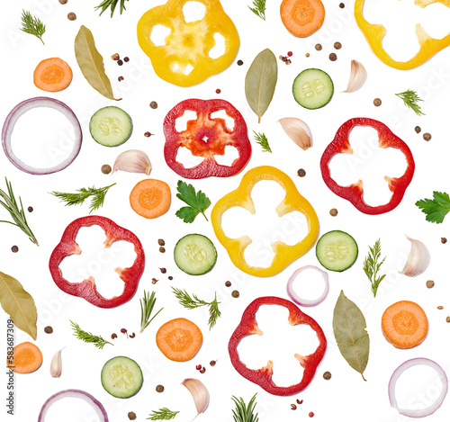 Fototapeta Naklejka Na Ścianę i Meble -  Fresh vegetables, onion, carrot, yellow and red bell peppers, a bunch of rosemary on a white isolated background.