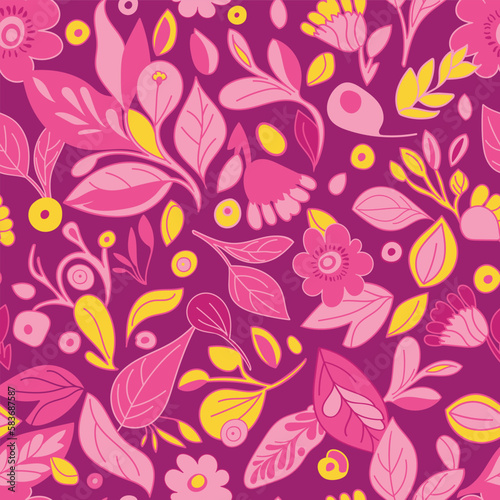 Pink and yellow flowers with leaves on a dark pink background create a vibrant and bold seamless pattern  perfect for bold design projects.