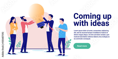 Coming up with ideas - Group of creative office people working on idea. Flat design vector illustration with white background and copy space for text