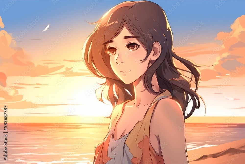 Solitude at Sunset: An Attractive Anime Woman at the Beach, Generative AI Solitude at Sunset: An Attractive Anime Woman at the Beach, Generative AI