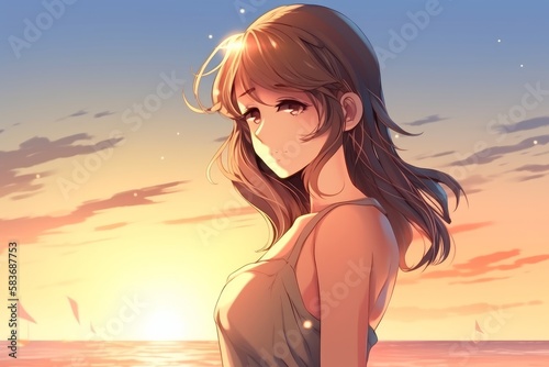 Solitude at Sunset: An Attractive Anime Woman at the Beach, Generative AI © avrezn