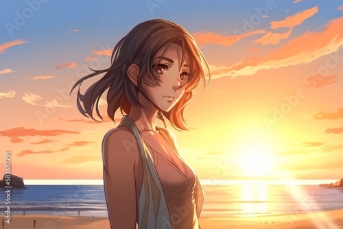 Solitude at Sunset: An Attractive Anime Woman at the Beach, Generative AI