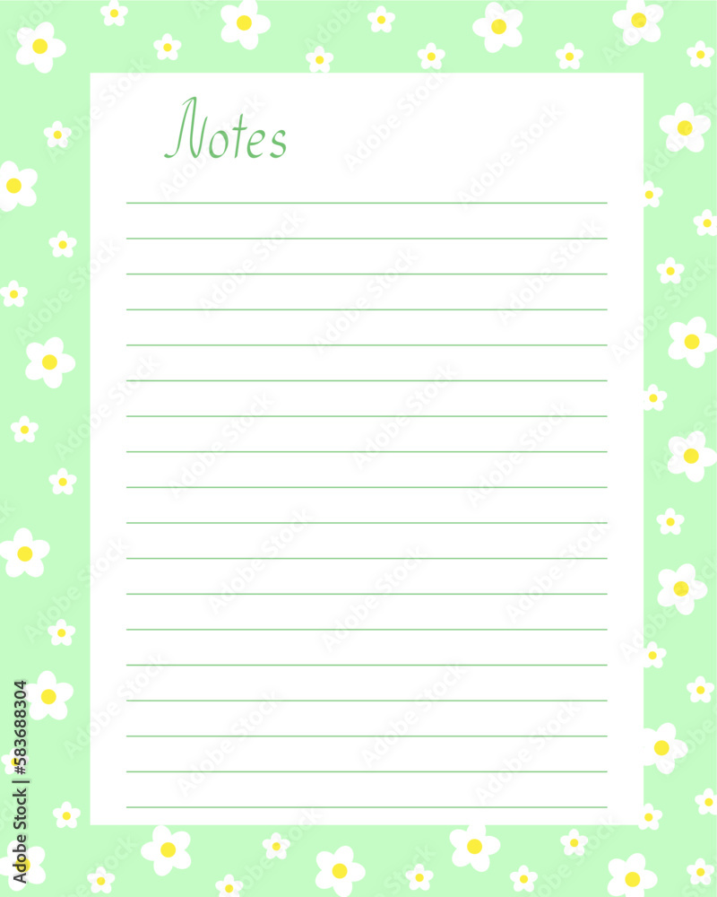 Notes blank lined page template with floral seasonal floral springtime decoration, simple vector illustration for bullet journal, green rectangular frame with flowers printable personal diary Notes blank lined page template with floral seasonal floral springtime decoration, simple vector illustration for bullet journal, green rectangular frame with flowers printable personal diary