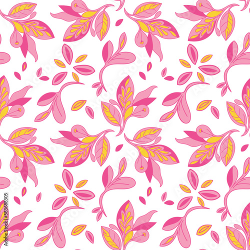 A seamless pattern of pink and yellow leaves on a white background creates a fresh and cheerful design  perfect for spring and summer.