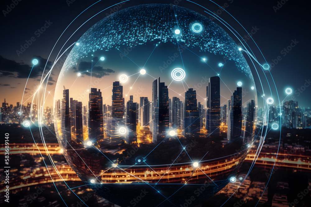 Fototapeta premium digital data concept connection buisiness smart web futuristic background technology with skyline view of skyscrapers at nighttime and eveningtime lights inside a bubble