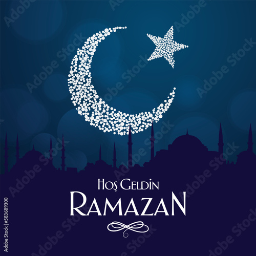 ramazan bayrami, ramadan kareem. welcome ramadan greeting card vector illustration (turkish: hos geldin ramazan) Hoşgeldin Ya Şehri Ramazan Have a blessed Ramadan. Moon Vector.