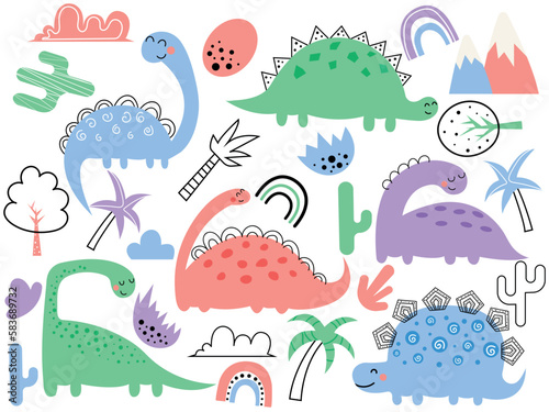 Set of cute dinosaurs, foliage, cactus. Vector illustration for kids, nursery, poster, card, birthday party. Funny cartoon dino collection. Cute vector set with dinosaurs.