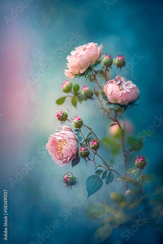 pastel pink small climbing roses on a light fuzzy blue background Ai generativ.
