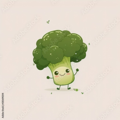 Happy smiling kawaii green broccoli cartoon character  funny cute vegetable sticker color personage icon isolated on white background  healthy organic diet vegan food concept. AI generative.