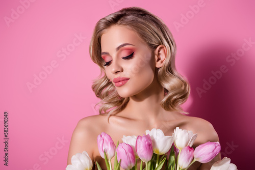 Professional studio of gorgeous perfect lady with tulips bunch 8 march beauty gift isolated pastel color background