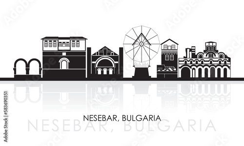 Silhouette Skyline panorama of town of Nessebar, Bulgaria - vector illustration