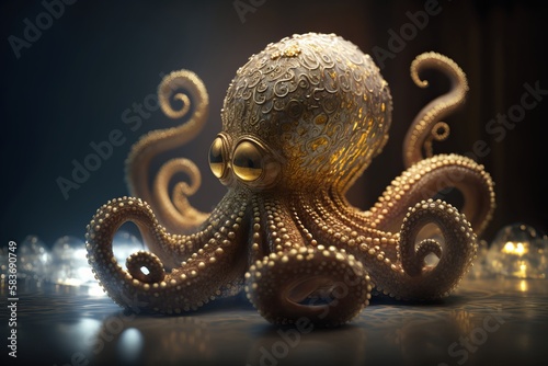 Baby Octopus In 24 Karat Gold, Diamond Ornaments, Museum Exhibit, Stylish, Luxurious, Detailed, High Resolution, Generative AI