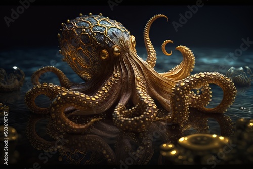 Canvastavla Baby Octopus In 24 Karat Gold, Diamond Ornaments, Museum Exhibit, Stylish, Luxur