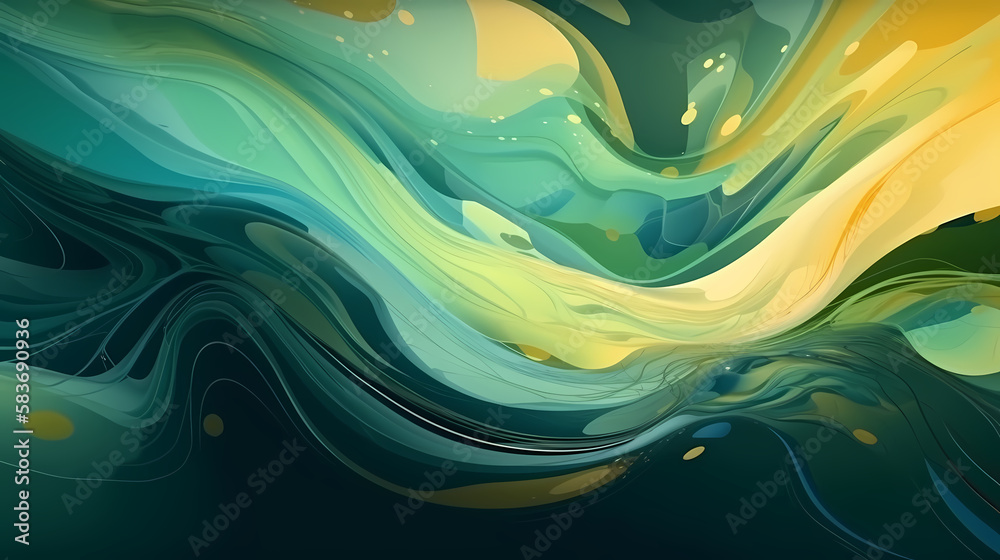 Abstract green and yellow wavy background with shiny liquid swirl ...