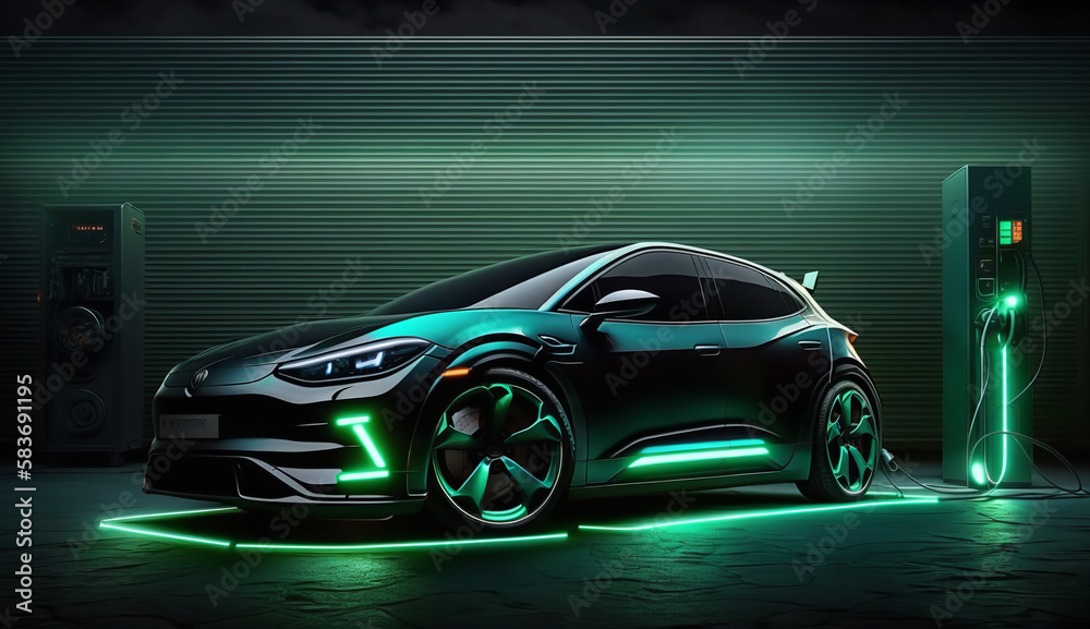 Electric car at charging station. Front view electric car with green glowing on dark background. EV concept Electric car at charging station. Front view electric car with green glowing on dark background. EV concept