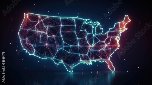 Glowing USA Map. Abstract Technology Big Data, Data Transfer. Concept. - Generative AI