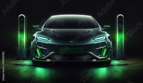 Electric car at charging station. Front view electric car with green glowing on dark background. EV concept © Volodymyr Skurtul