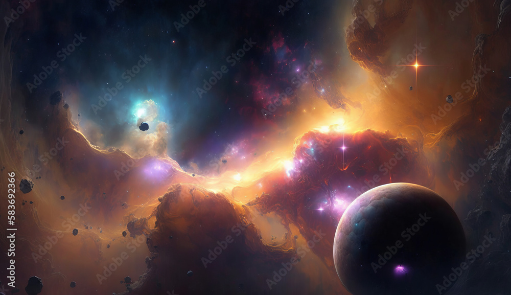 epic shot of planets and asteroids in nebulae. Generative AI