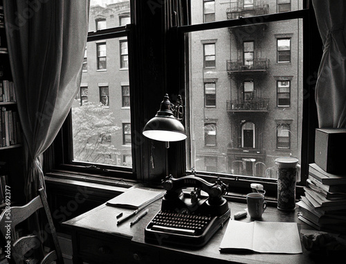 The office of a 1930s crime novelist with a view of Brooklyn in NYC, and a vintage typewriter -generative AI