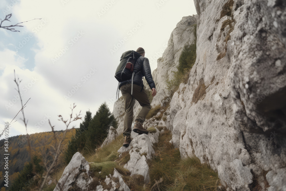 climber on a rock hiking a mountain - made with generative ai