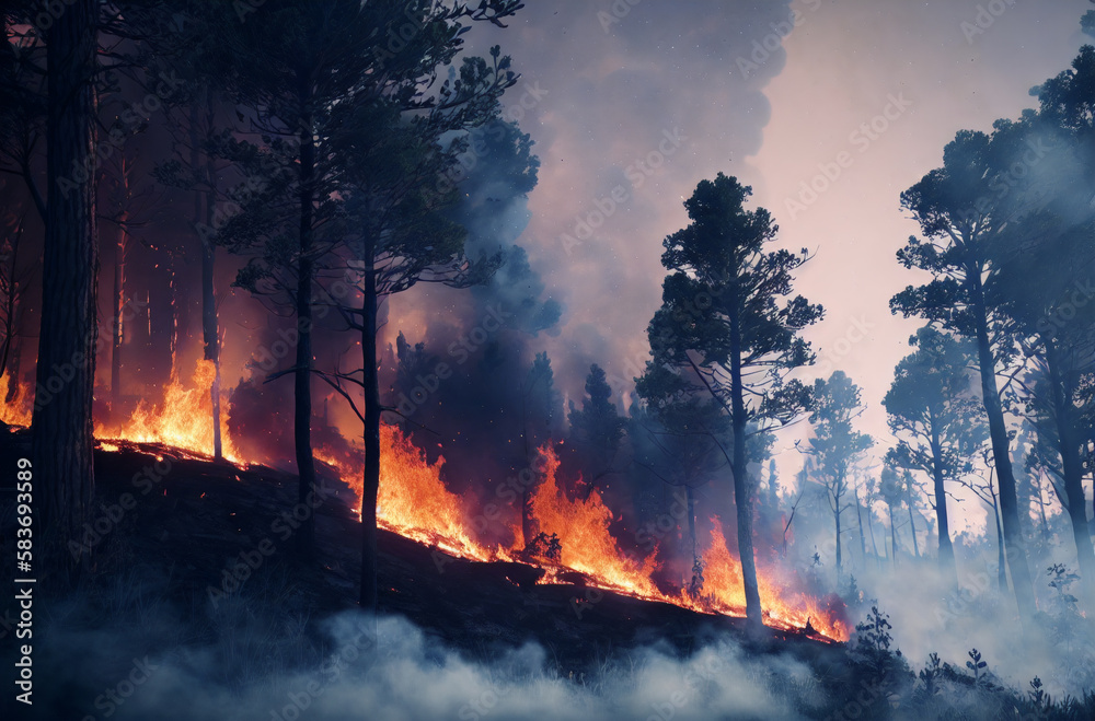 Fototapeta premium a forest fire burning in the night with lots of trees on the side of the fire line and a lot of smoke coming from the trees Generative AI.