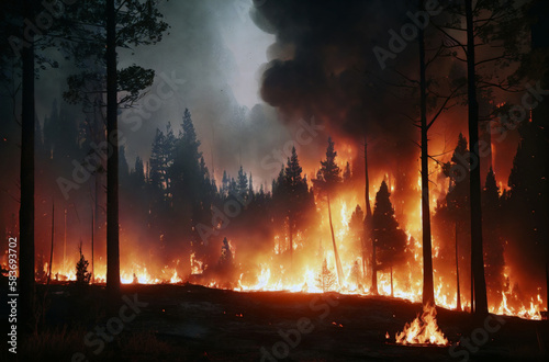 a forest fire burning in the night with lots of trees on the side of the fire line and a lot of smoke coming from the trees Generative AI.