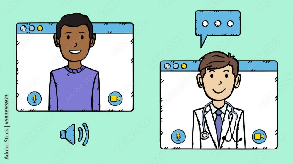 4k animation video of doctor conversation with patient via video chat. Sketch style hand drawn objects. 4k animation video of doctor conversation with patient via video chat. Sketch style hand drawn objects.