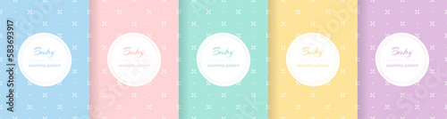 Cute baby seamless pattern. Repeating kid background. Girls and boys design for prints. Repeated simple dot texture. Repeat child cartoon. Set soft blue  pink  yellow  green color. Vector illustration
