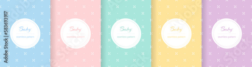 Cute baby seamless pattern. Repeating kid background. Girls and boys design for prints. Repeated simple dot texture. Repeat child cartoon. Set soft blue, pink, yellow, green color. Vector illustration