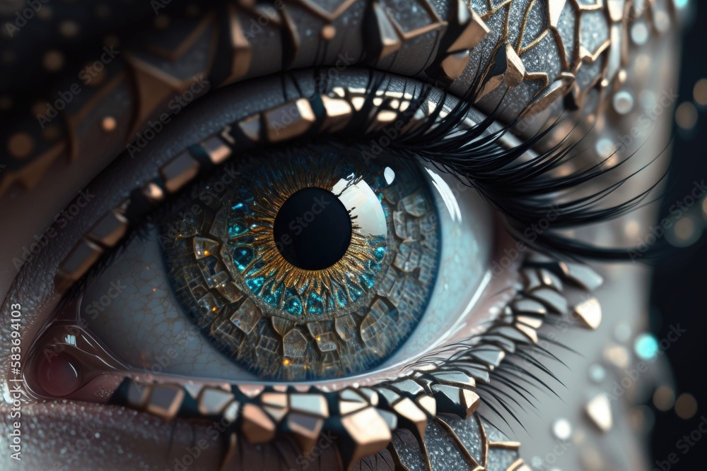 close up of an eye, made up for carnival, big eyelashes, contact lens created with Generative AI technology - obrazy, fototapety, plakaty 