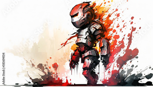 Humanoid red killer robot  isolated on white background - watercolor style illustration background by Generative Ai