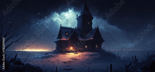 Mysterious house at moonlit night oil painting  Generative AI illustrations