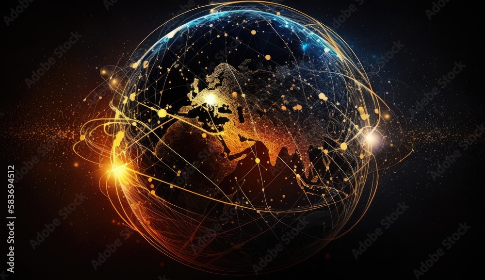 Earth in space with a golden glow of communication channels and networks around the World - generative ai Earth in space with a golden glow of communication channels and networks around the World - generative ai