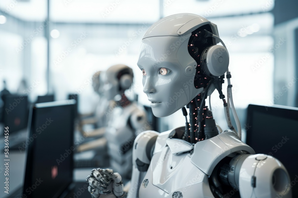 Robots in the call center office. Hot sales concept. AI generated, human enhanced. Robots in the call center office. Hot sales concept. AI generated, human enhanced.