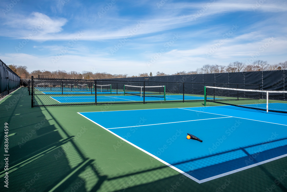 View of a new pickleball complex with a paddle and orange ball on blue and green courts in a suburban setting during early spring.