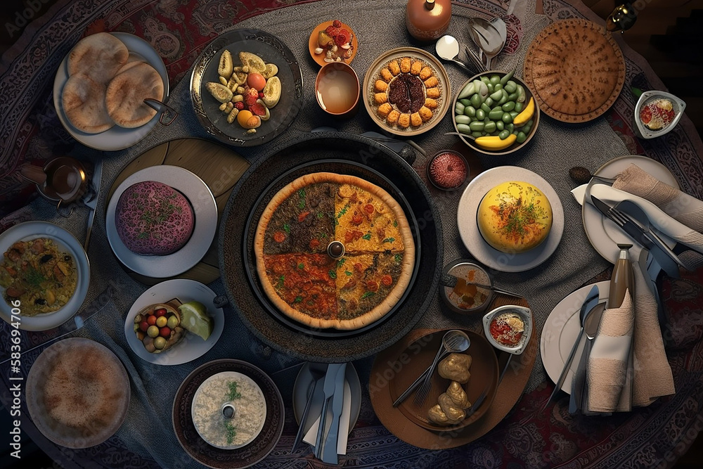 Muslim Ramadan Iftar Dinner with Turkish Typical Foods. AI generated image