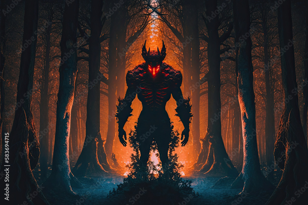 in the middle of the forest a demon rises from the earth, red glowing face, dangerous dark lord of the underworld created with Generative AI technology