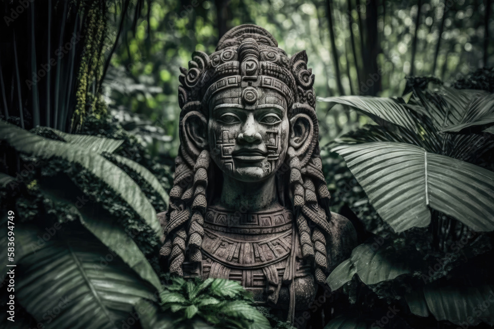 a stone statue in the jungle, indicates an ancient civilization, deity, temple statue created with Generative AI technology a stone statue in the jungle, indicates an ancient civilization, deity, temple statue created with Generative AI technology