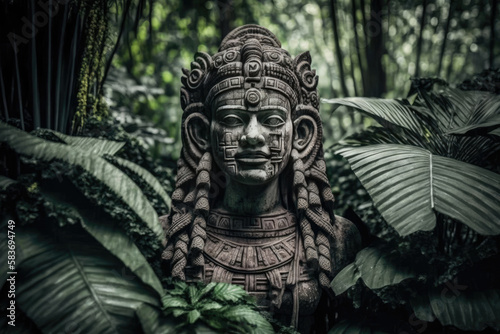 a stone statue in the jungle, indicates an ancient civilization, deity, temple statue created with Generative AI technology