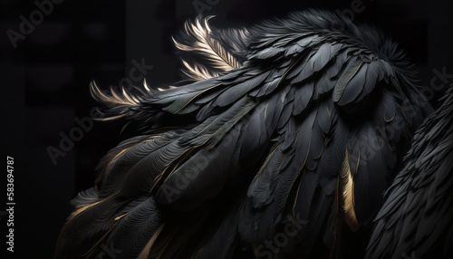 Black color feathers bird background colored plumage. Close up photo of shimmered feathers of paradise bird. 3D realistic illustration. Based on Generative AI photo