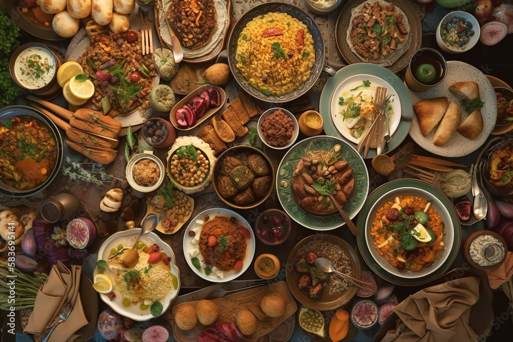 Muslim Ramadan Iftar Dinner with Turkish Typical Foods. AI generated image Muslim Ramadan Iftar Dinner with Turkish Typical Foods. AI generated image