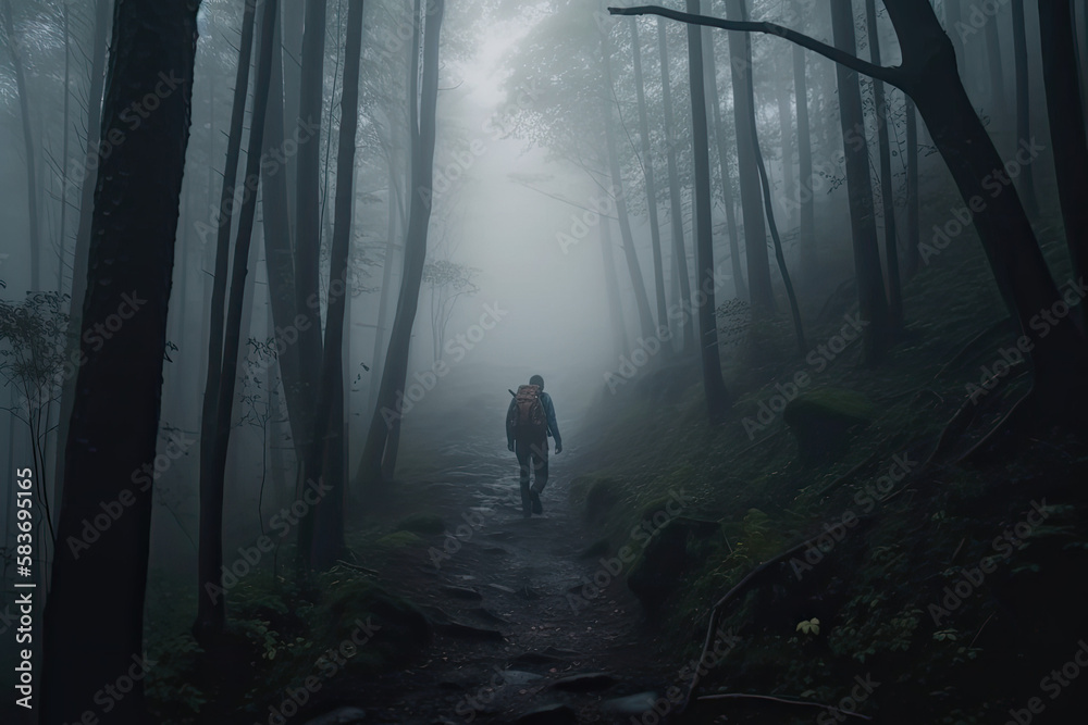 Person walking through a misty forest - made with generative ai