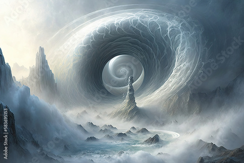 in a landscape of snow and ice a big white whirlpool is created, dense fog, rocks, background image created with Generative AI technology