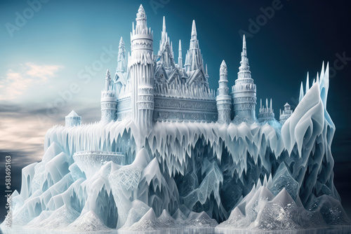 a figure made of ice  ice castle  large towers  many details created with Generative AI technology