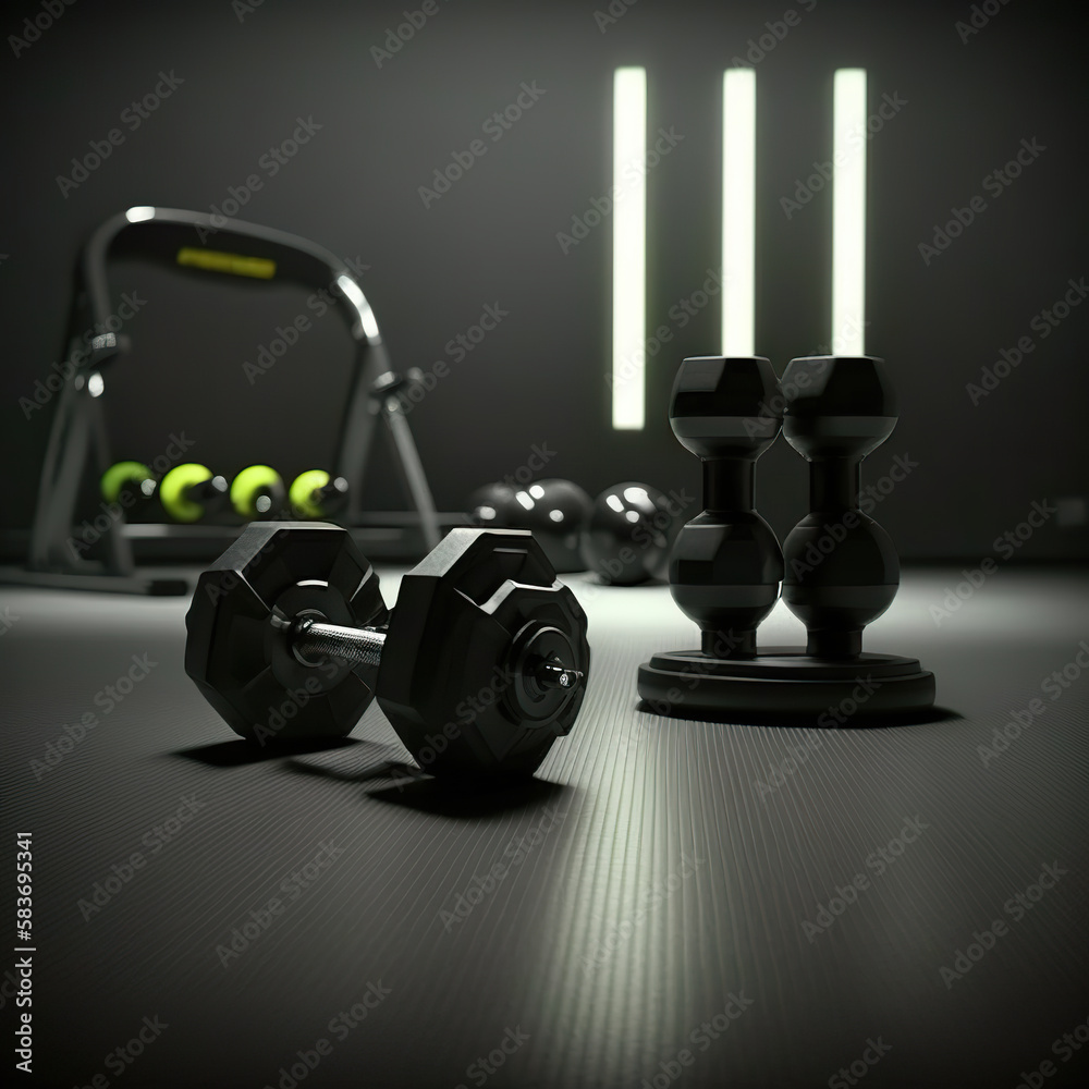 Black dumbbells on the floor in dark. Metal rubberized dumbbells on a dark black floor. Bodybuilding and fitness. Concept fitness. 3D realistic illustration. Based on Generative AI Black dumbbells on the floor in dark. Metal rubberized dumbbells on a dark black floor. Bodybuilding and fitness. Concept fitness. 3D realistic illustration. Based on Generative AI