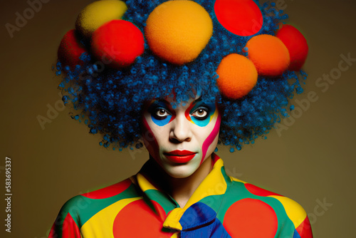 young man in clown costume, colorful carnival costume, blue wigs, made up face, circus created with Generative AI technology